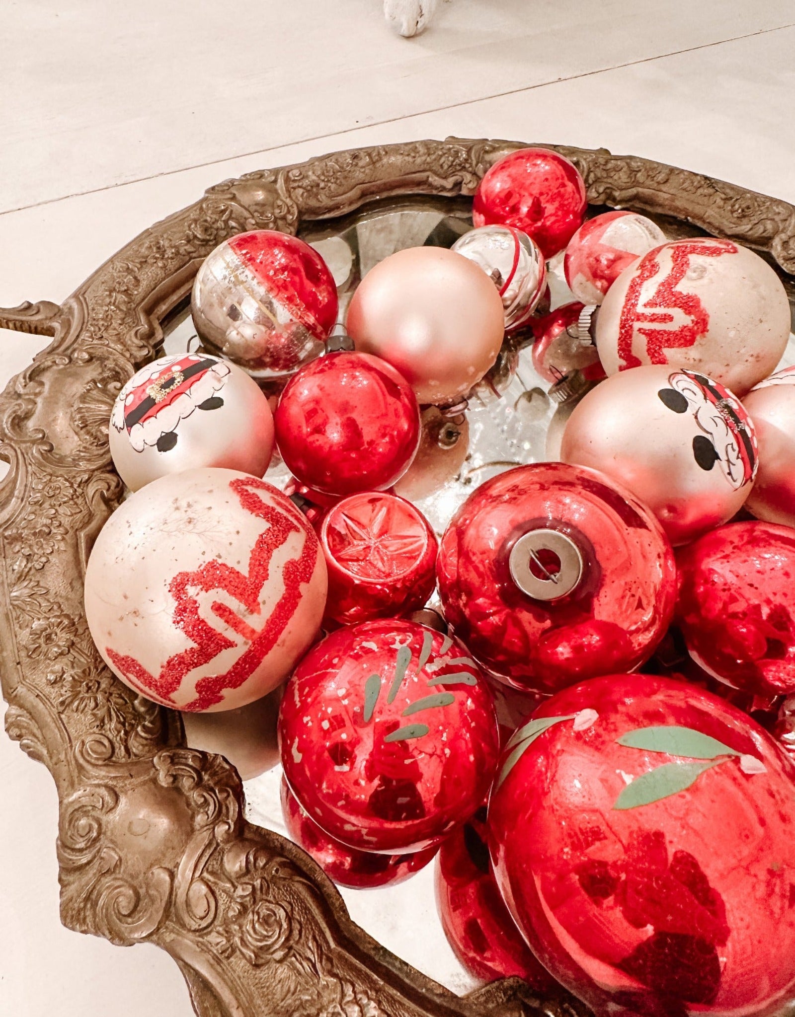 Lot of Vintage Shiny Red Christmas Bulbs, Santa, Holiday Ornaments - Ivory Lane Home