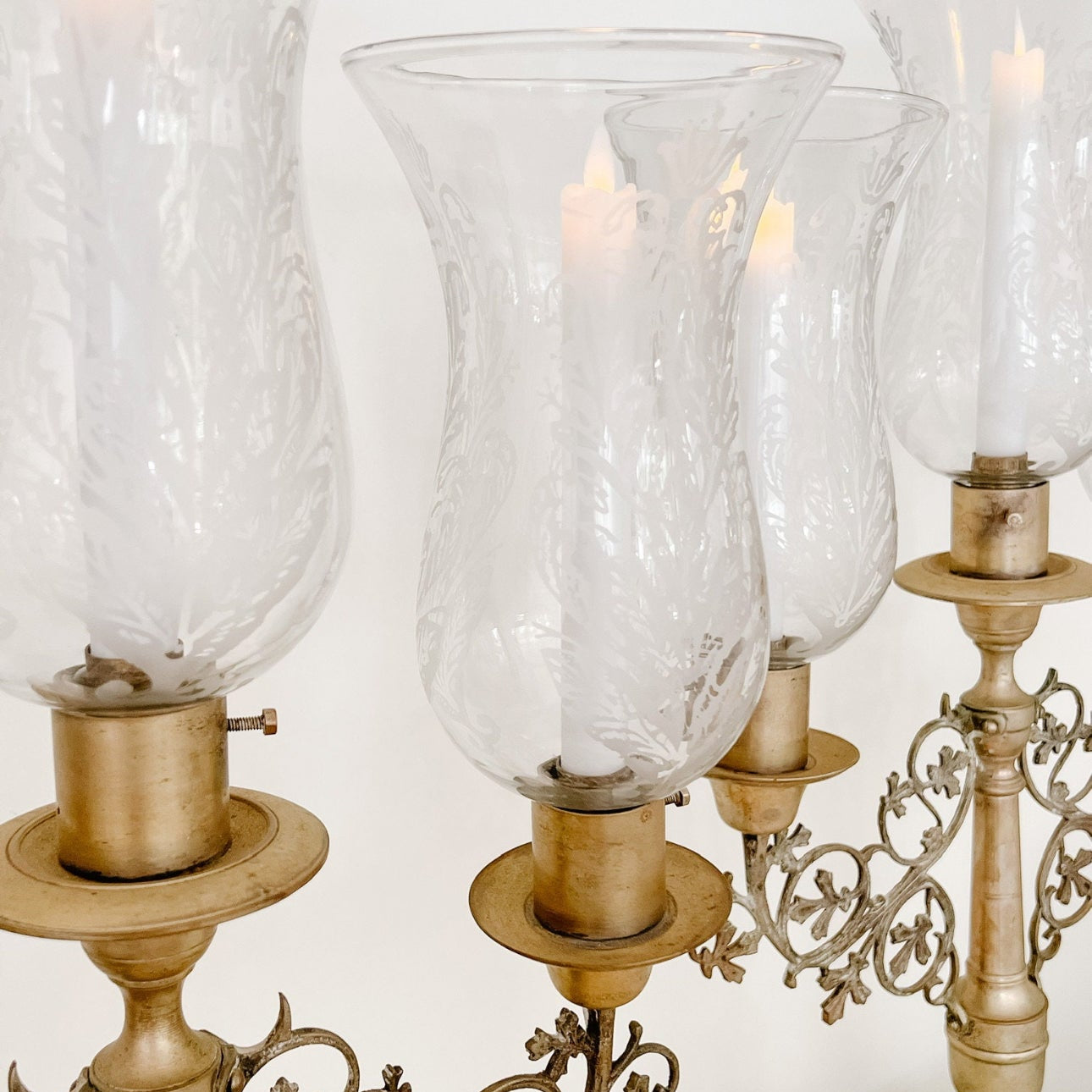 Pair of Vintage French Etched Glass Hurricane Candelabras - Ivory Lane Home