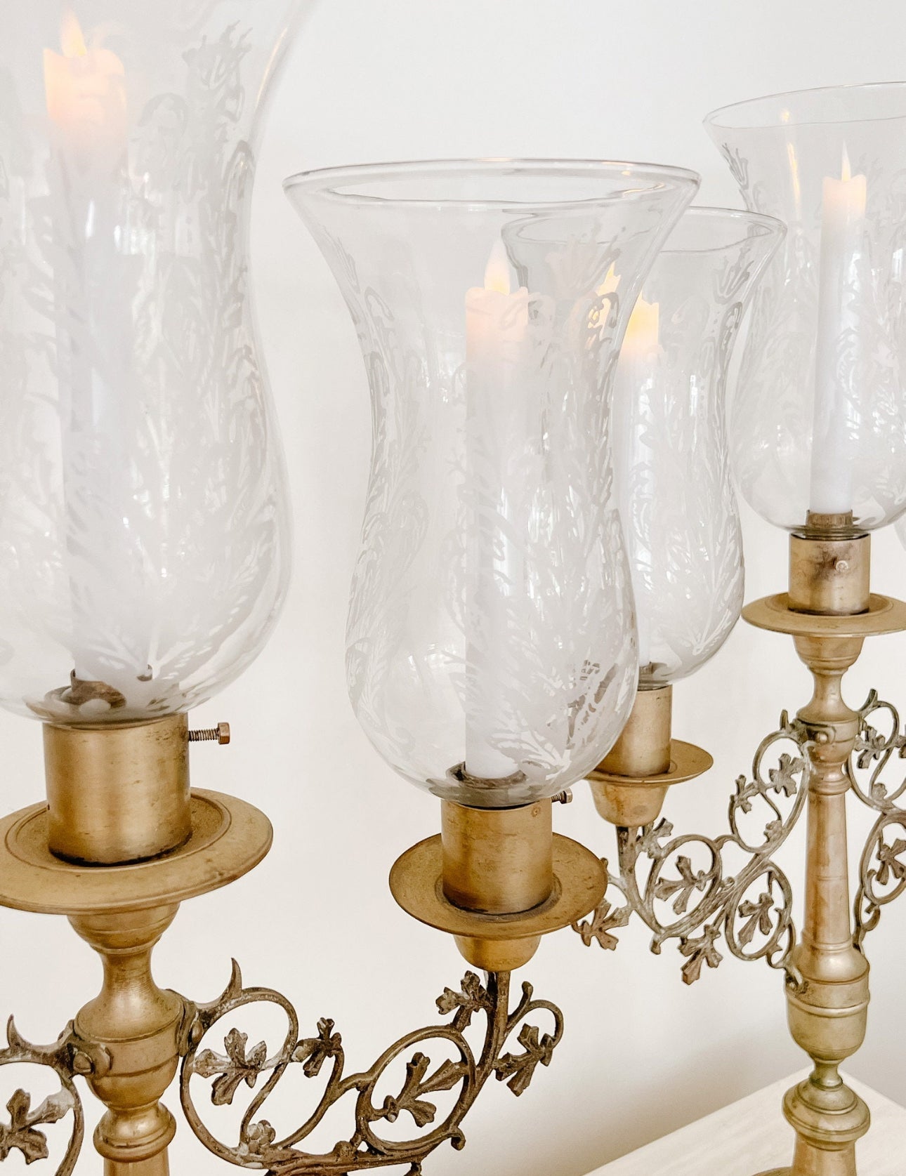 Pair of Vintage French Etched Glass Hurricane Candelabras - Ivory Lane Home