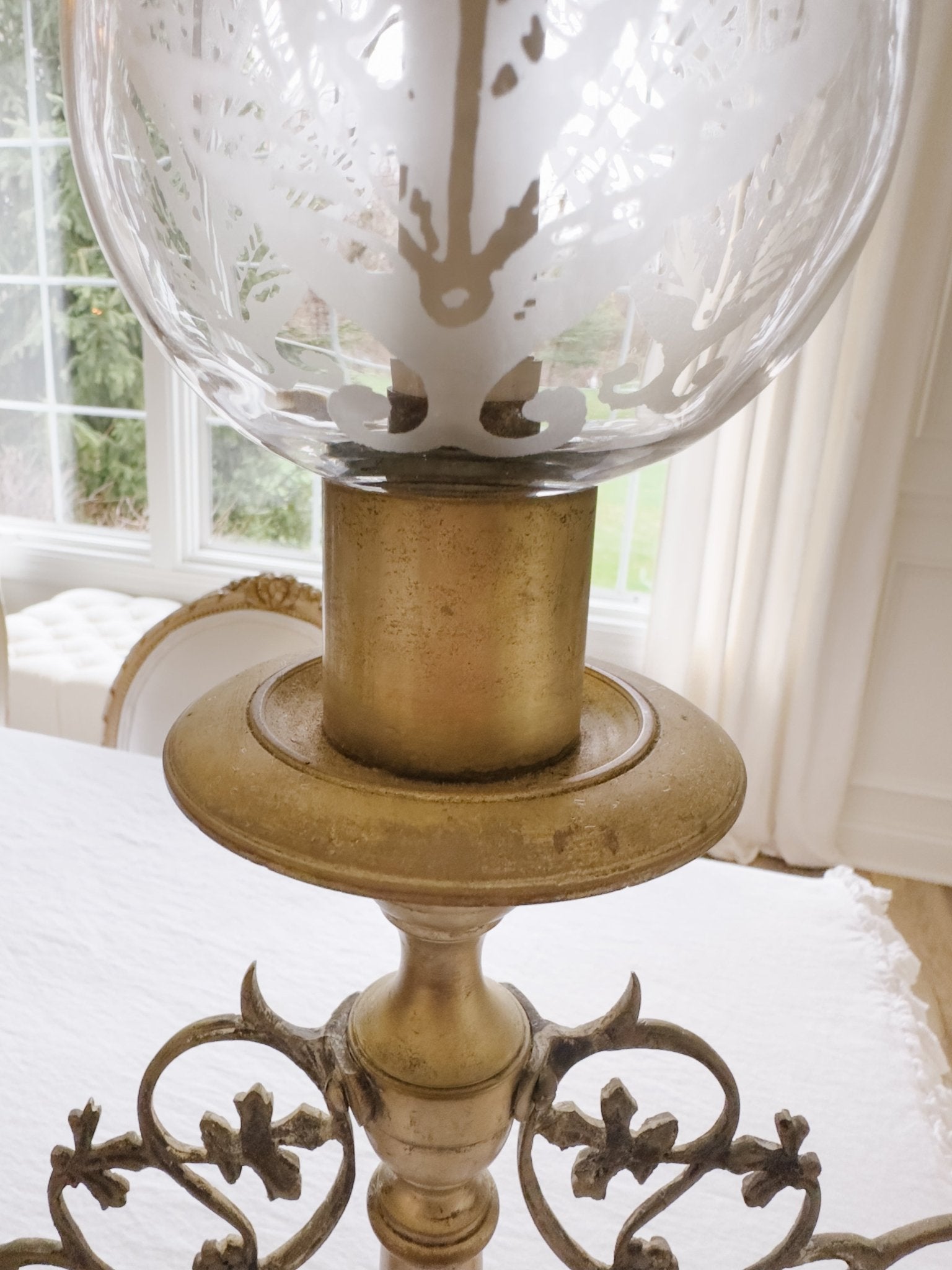 Pair of Vintage French Etched Glass Hurricane Candelabras - Ivory Lane Home