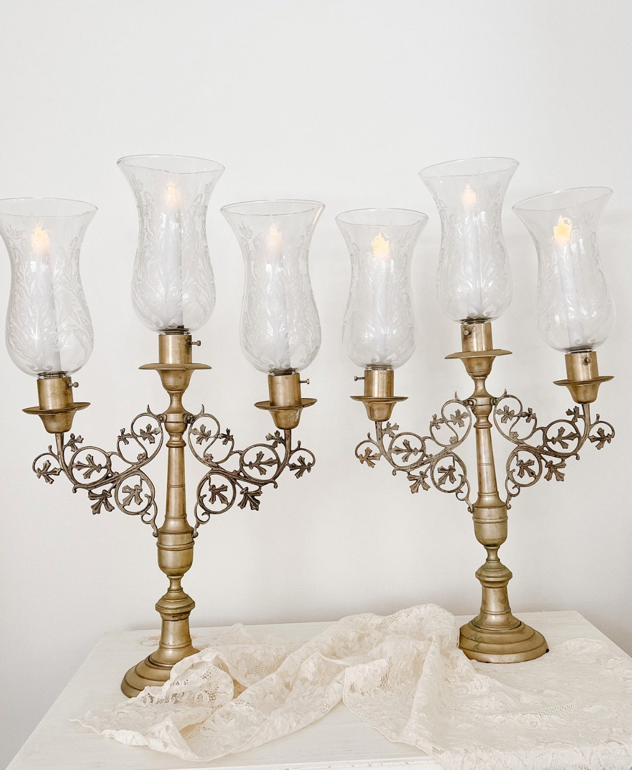 Pair of Vintage French Etched Glass Hurricane Candelabras - Ivory Lane Home