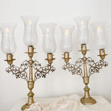 Pair of Vintage French Etched Glass Hurricane Candelabras - Ivory Lane Home