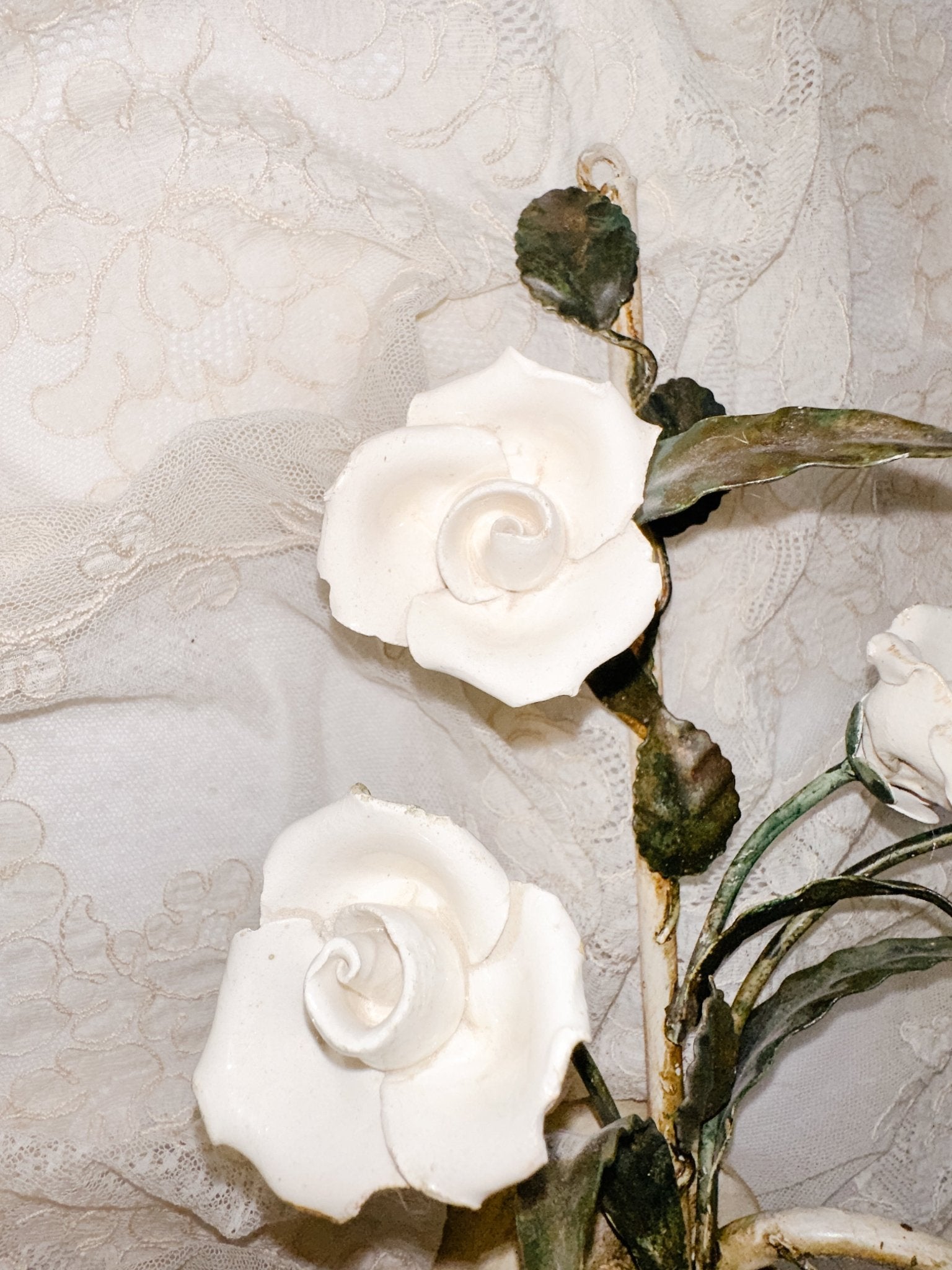 Pair of Vintage White Porcelain Roses Sconces - Ivory Lane Home