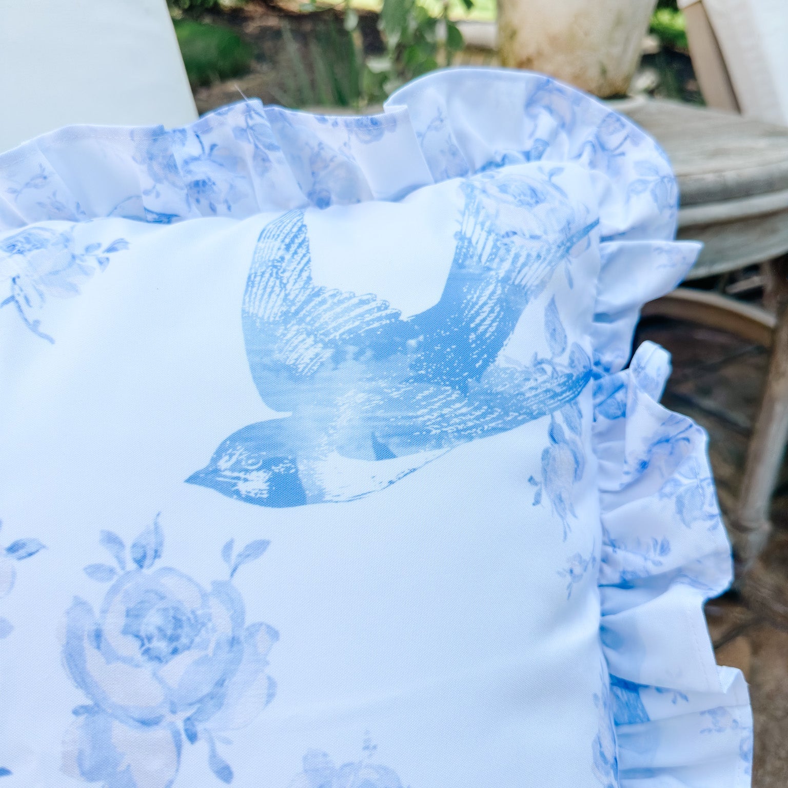 The 18" x 18" Outdoor Ruffled Bluebird Pillow Cover - Ivory Lane Home