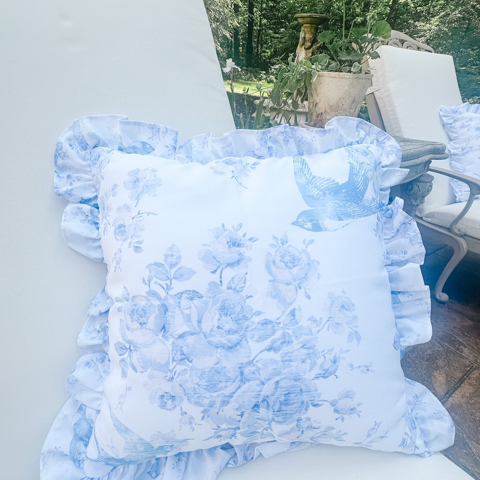 The 18" x 18" Outdoor Ruffled Bluebird Pillow Cover - Ivory Lane Home