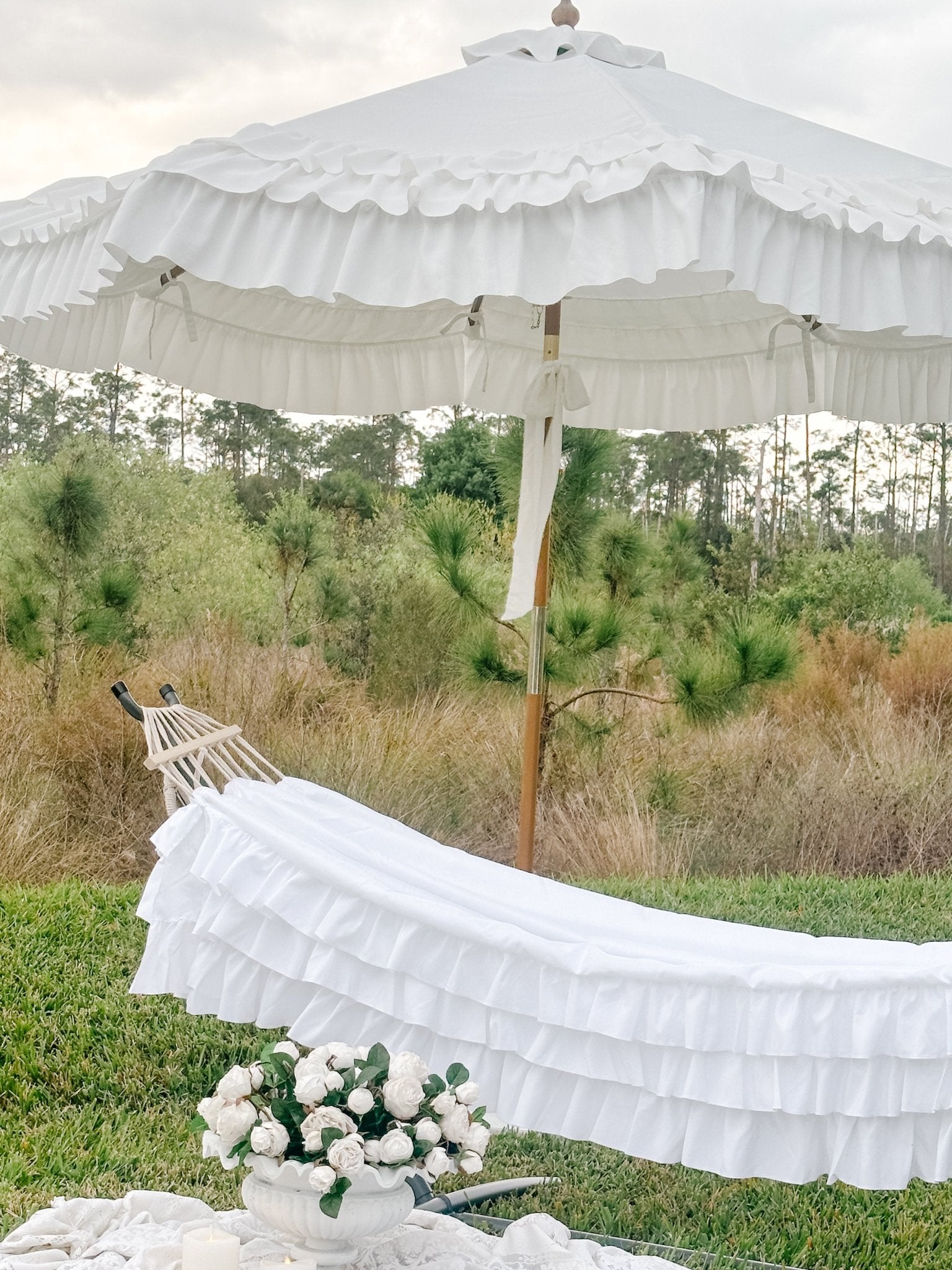 The Ruffled White 9ft Outdoor Patio Umbrella - PREORDER - Ivory Lane Home