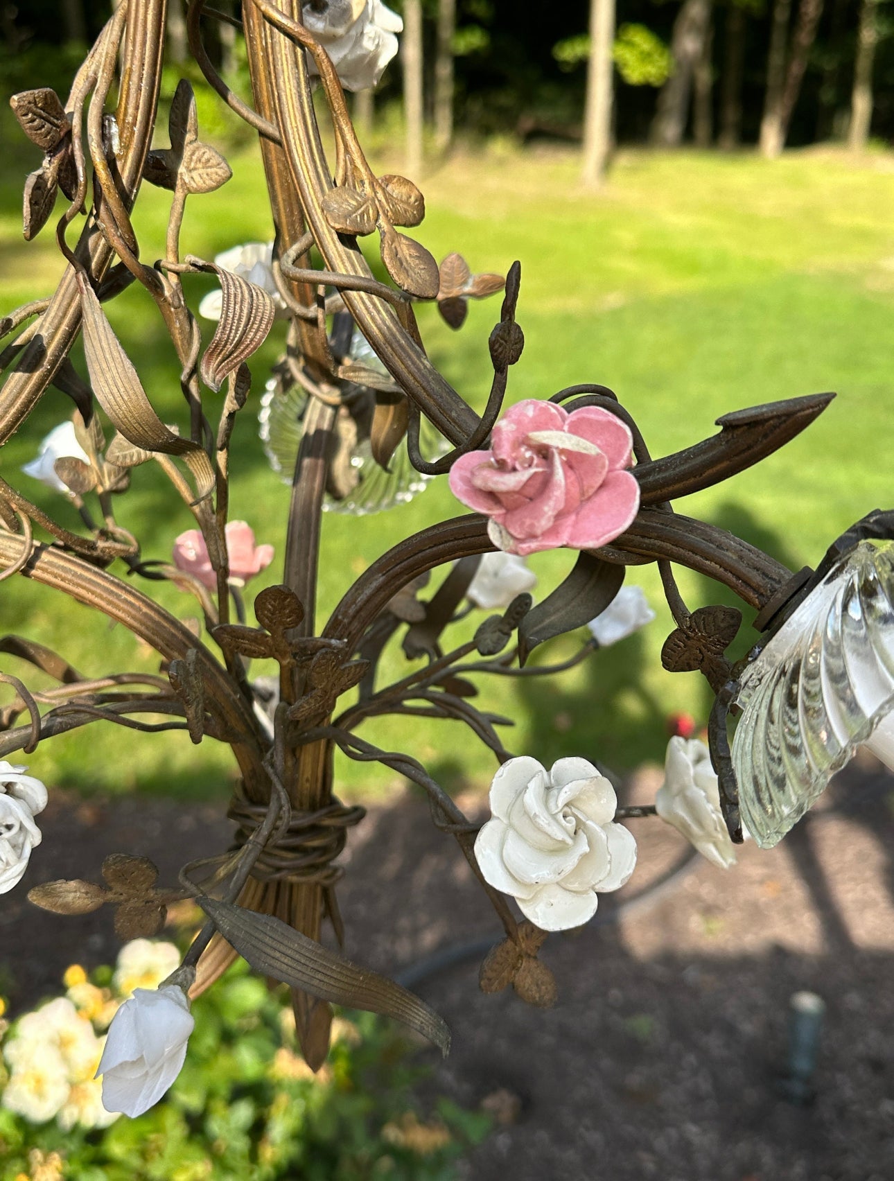 Vintage French 3 - Light Porcelain Rose Chandelier - Ivory Lane Home