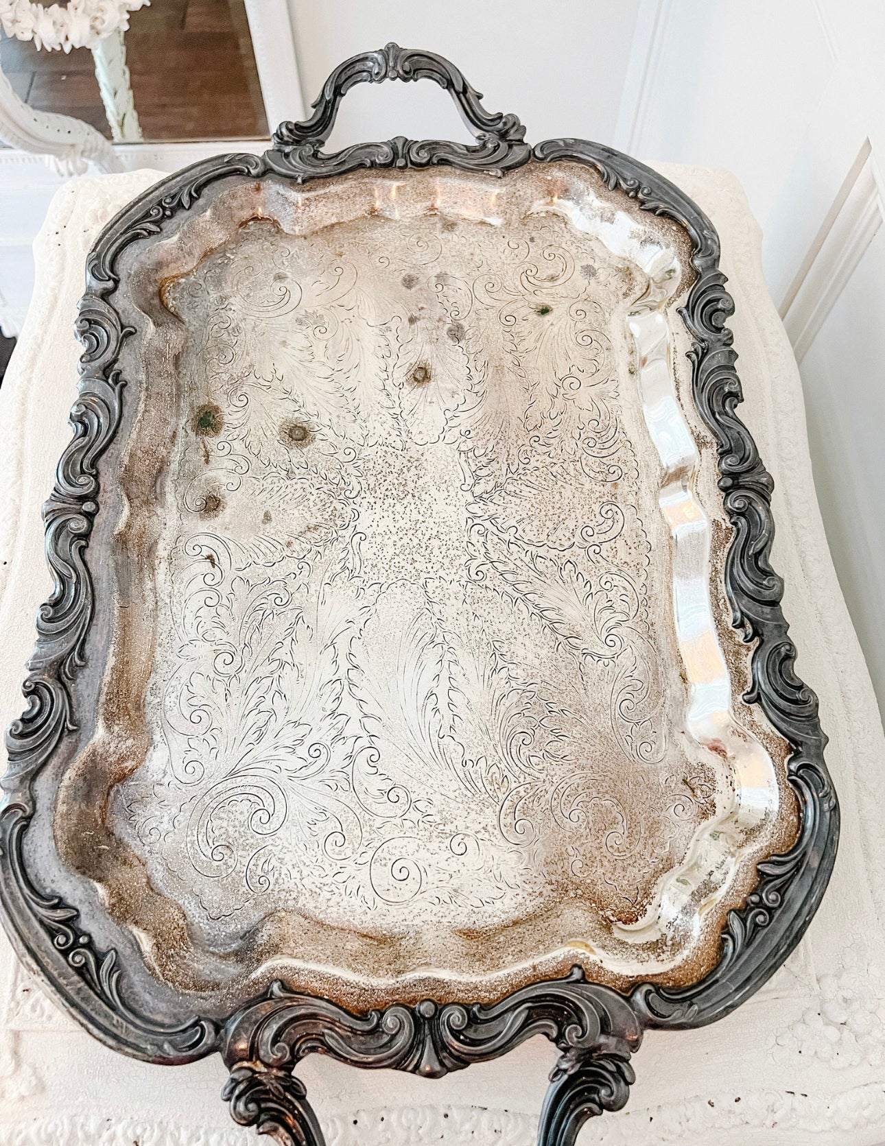 Vintage French Fleur de Lis Silver-Plated Conservatory Tray - Ivory Lane Home