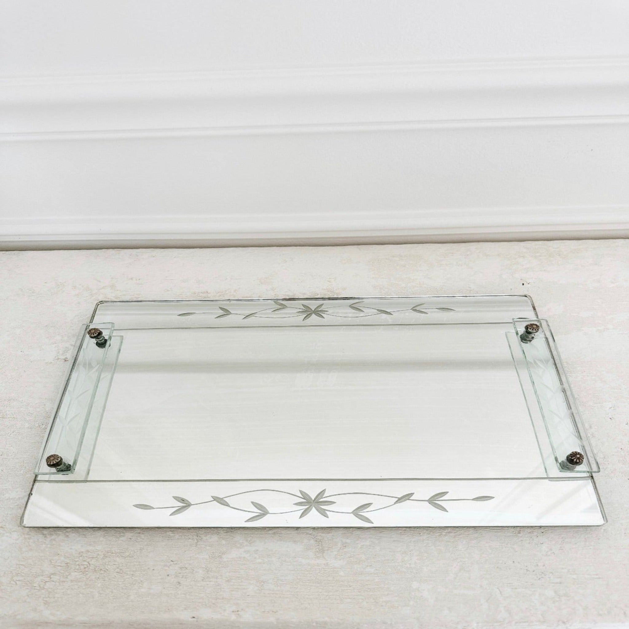 Vintage French Floral Etched Mirror Tray with Handles - Ivory Lane Home