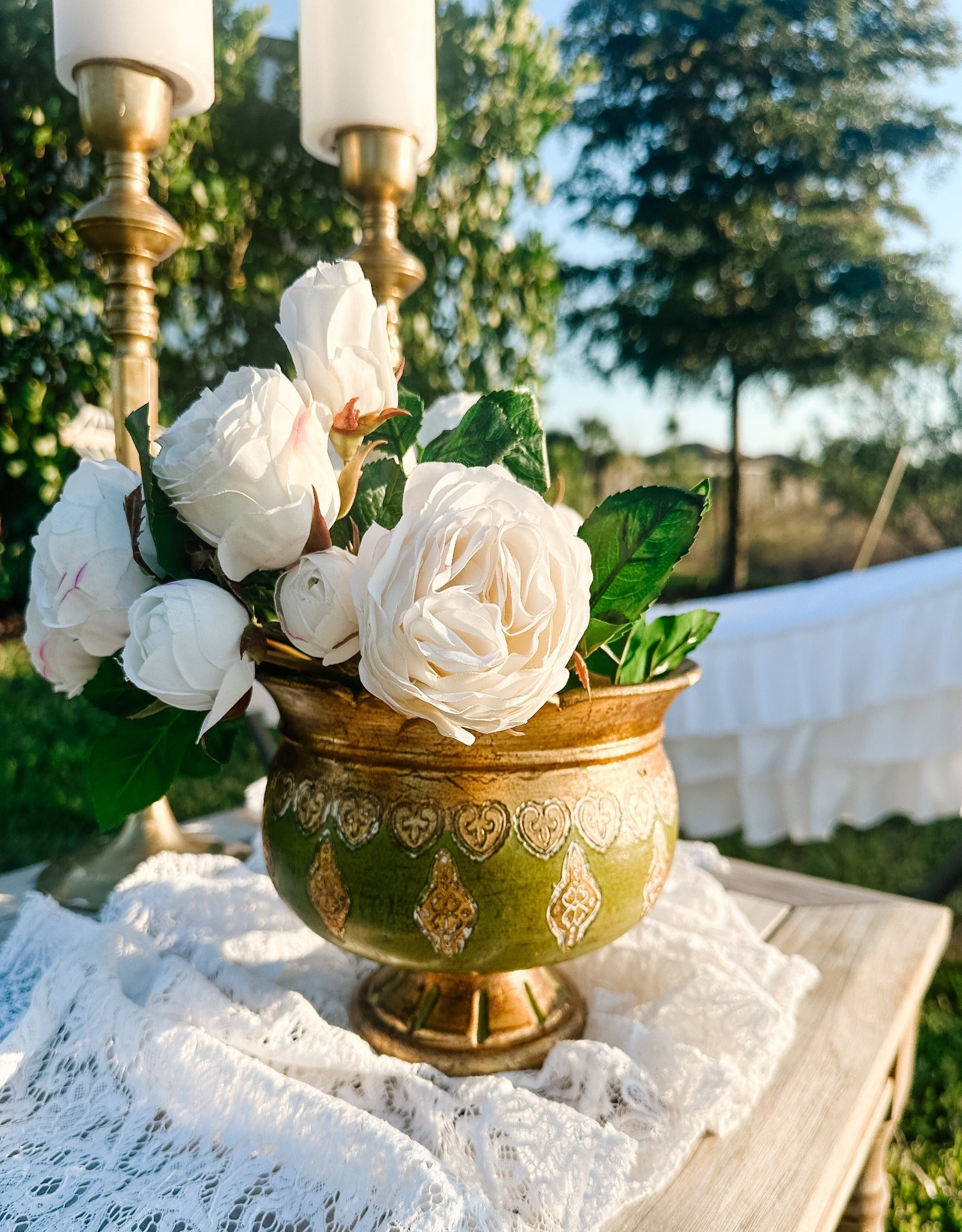 Vintage Green & Gold Gilt Italian Florentine Compote - Ivory Lane Home