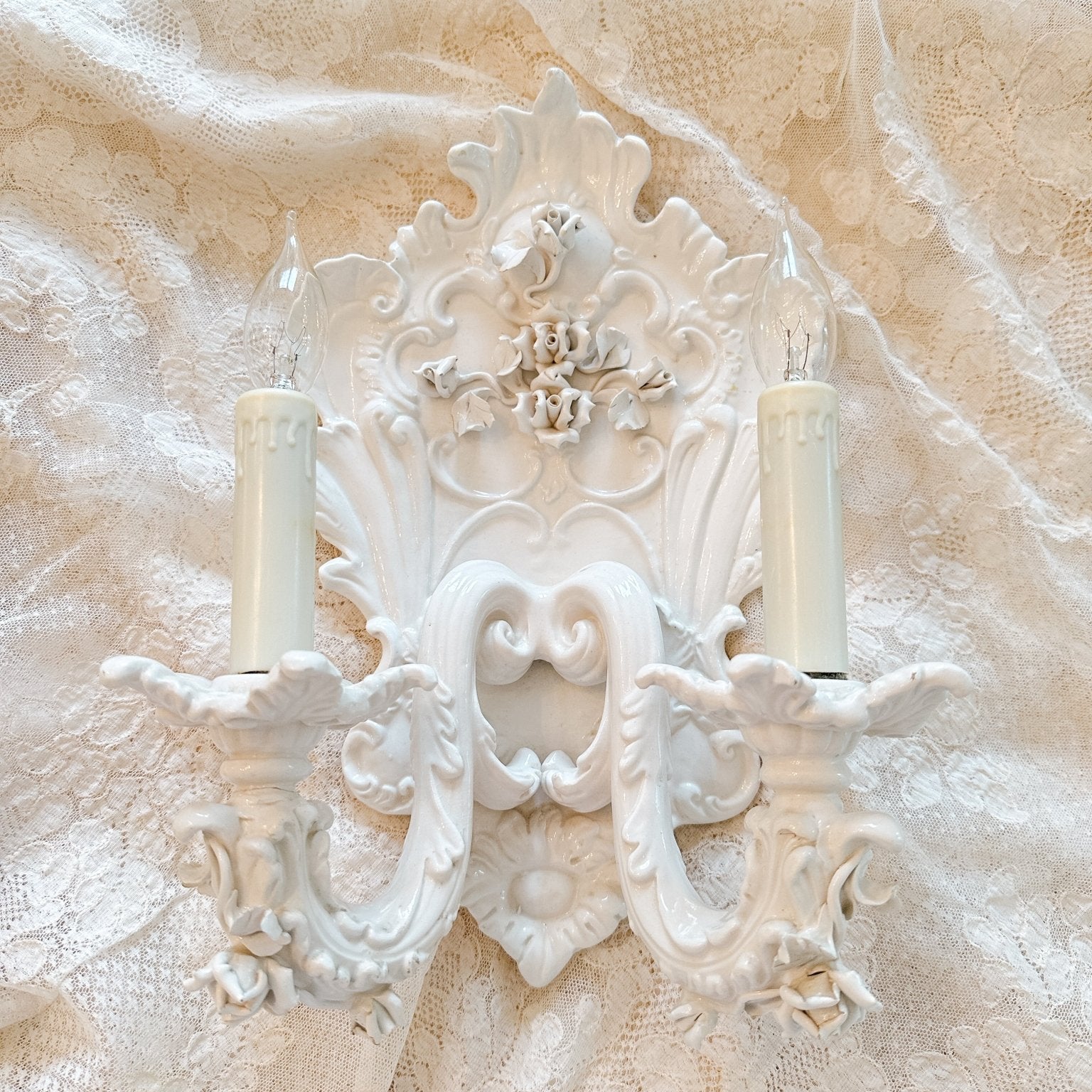 Vintage Italian White 2 - Light Porcelain Roses Sconce - Ivory Lane Home