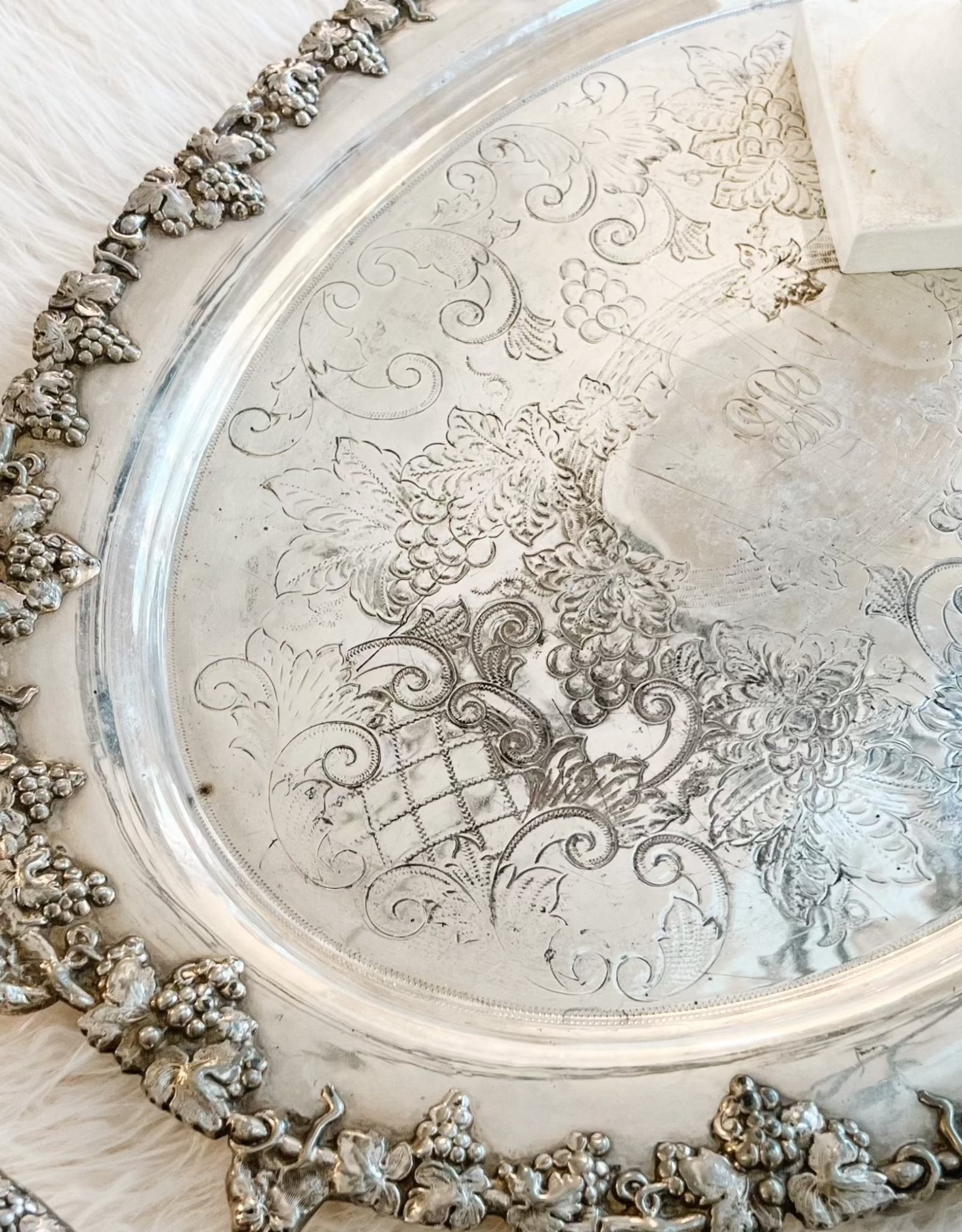 vintage silverplated serving platter with flowers and grapes