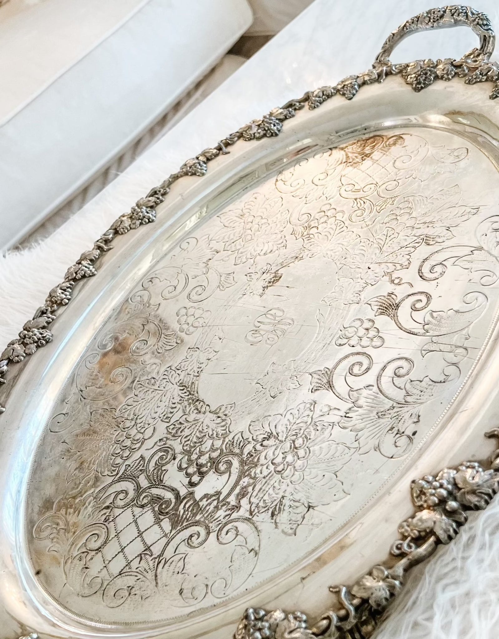 Antique silverplated oval silver engraved tray